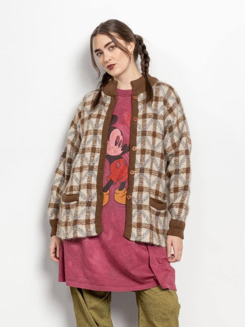 CHECKERED Fuzzy Cardigan Vintage Baggy Brown / Medium